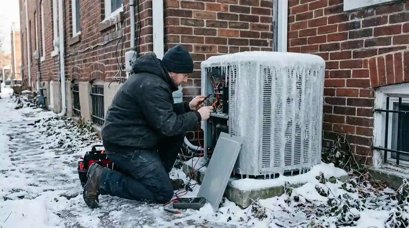 Iced-over heat pump outdoor unit in winter