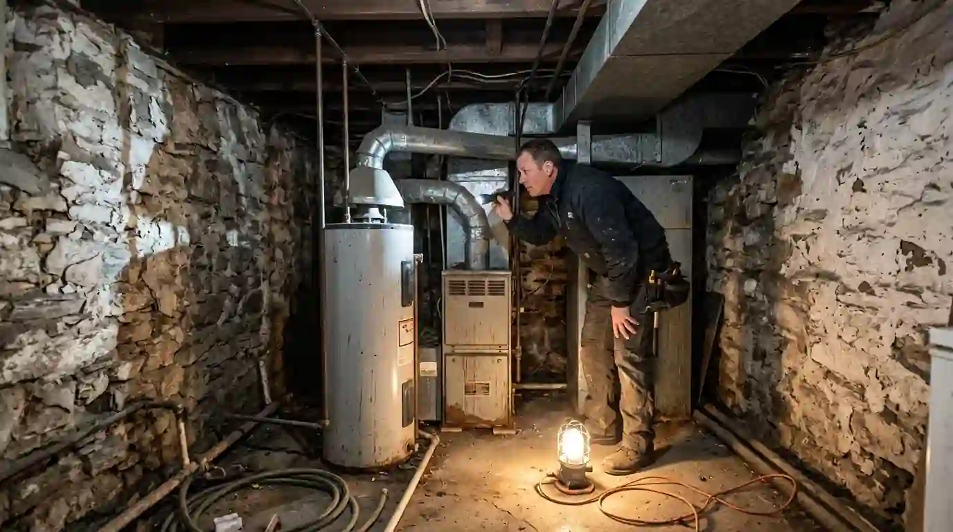 Technician checking a water heater flue in a Chester basement