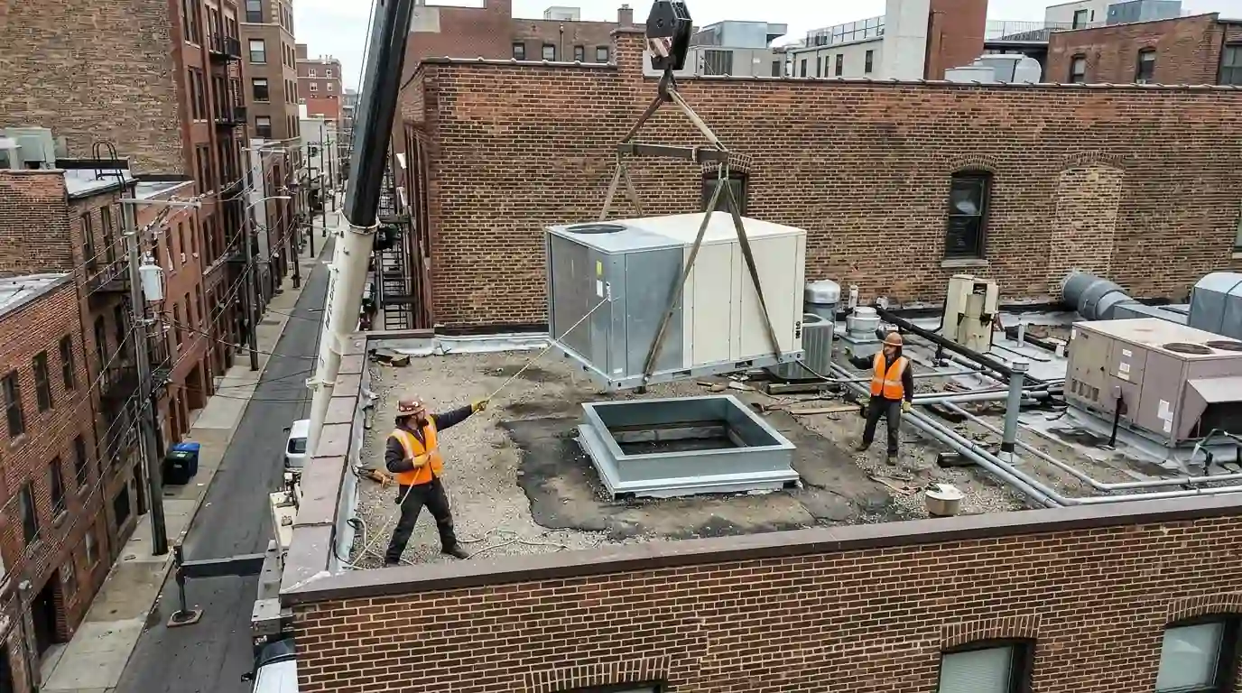 Crane setting a new rooftop unit on its curb