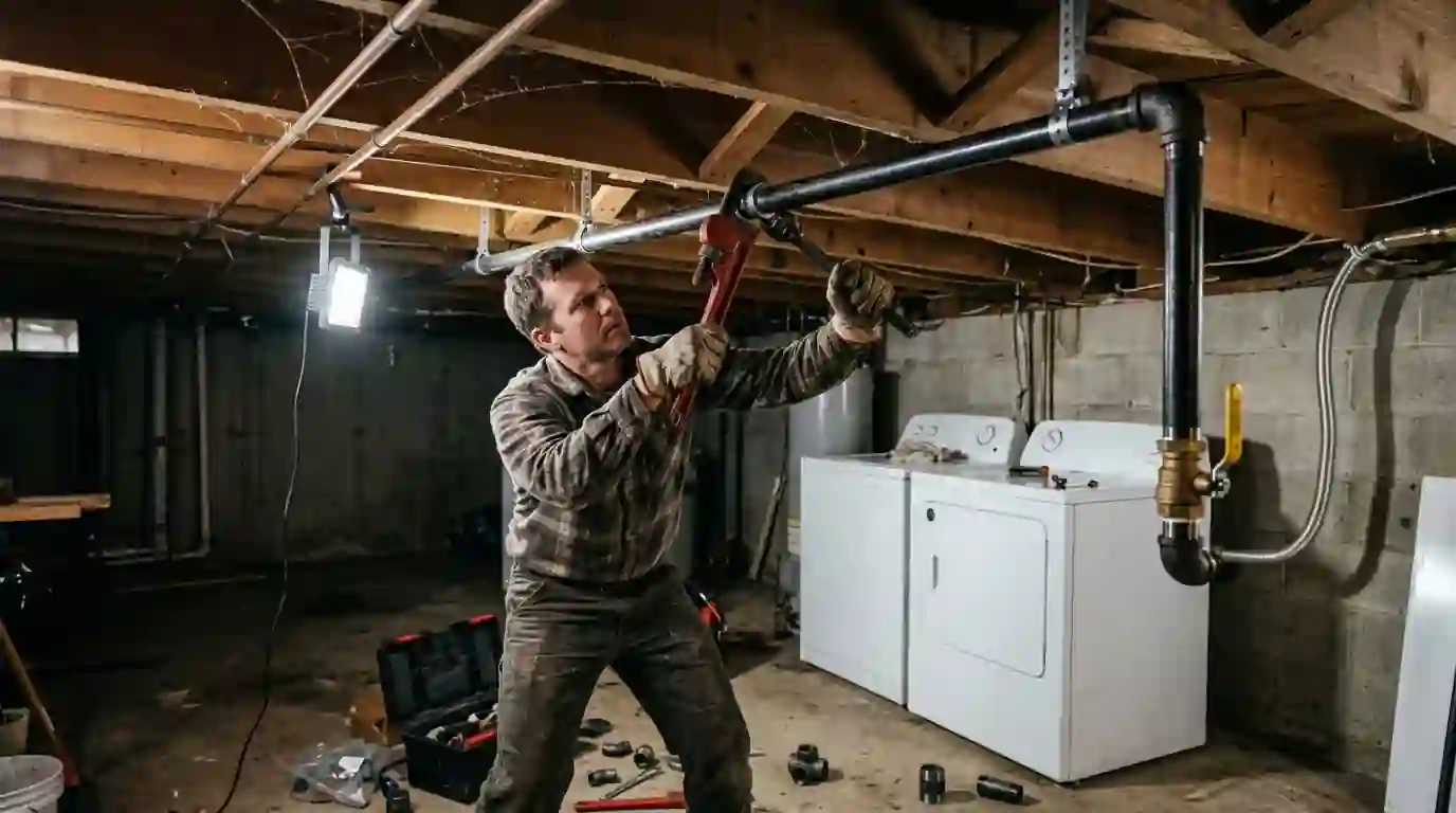 New gas pipe branch run to a basement dryer