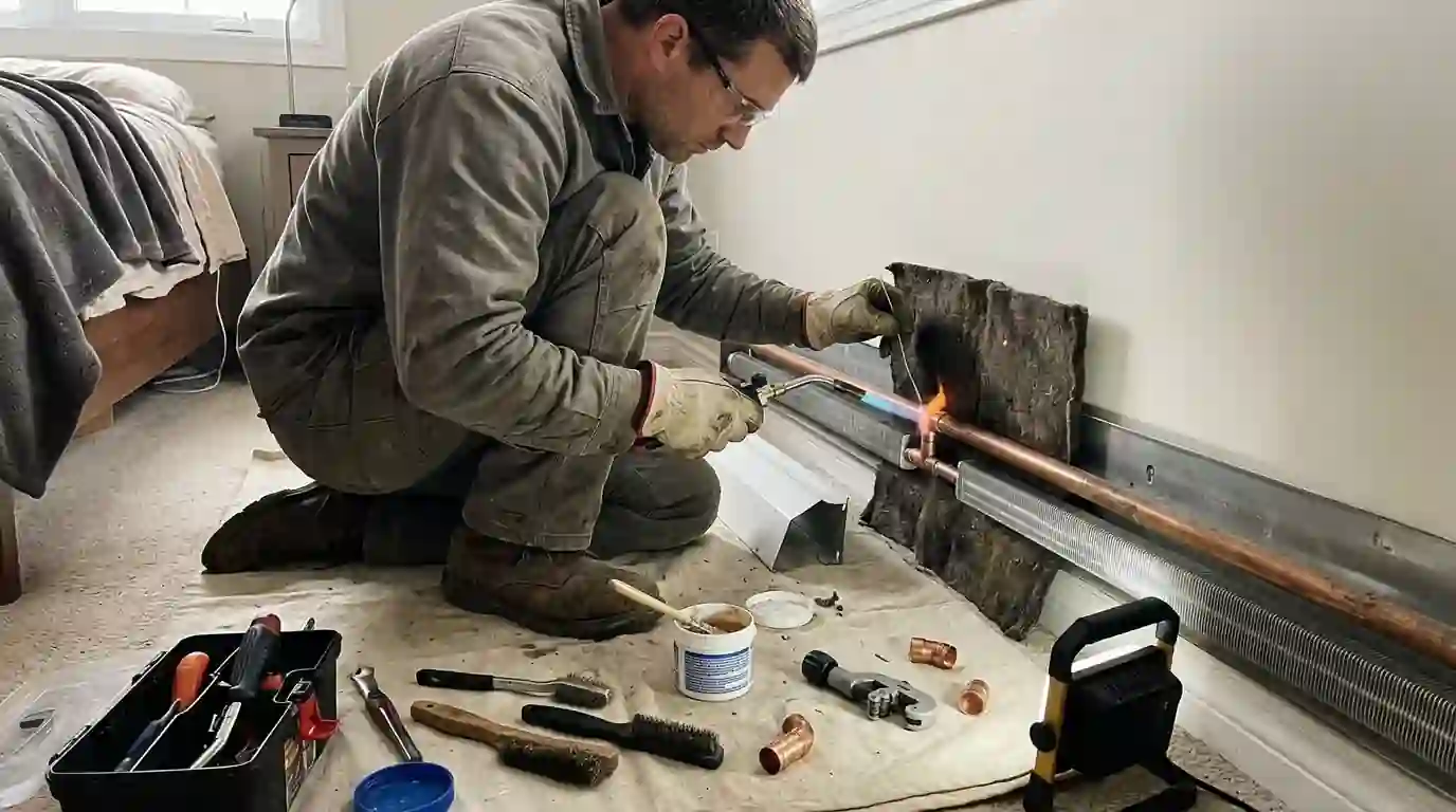 Repairing a leaking copper baseboard heating loop