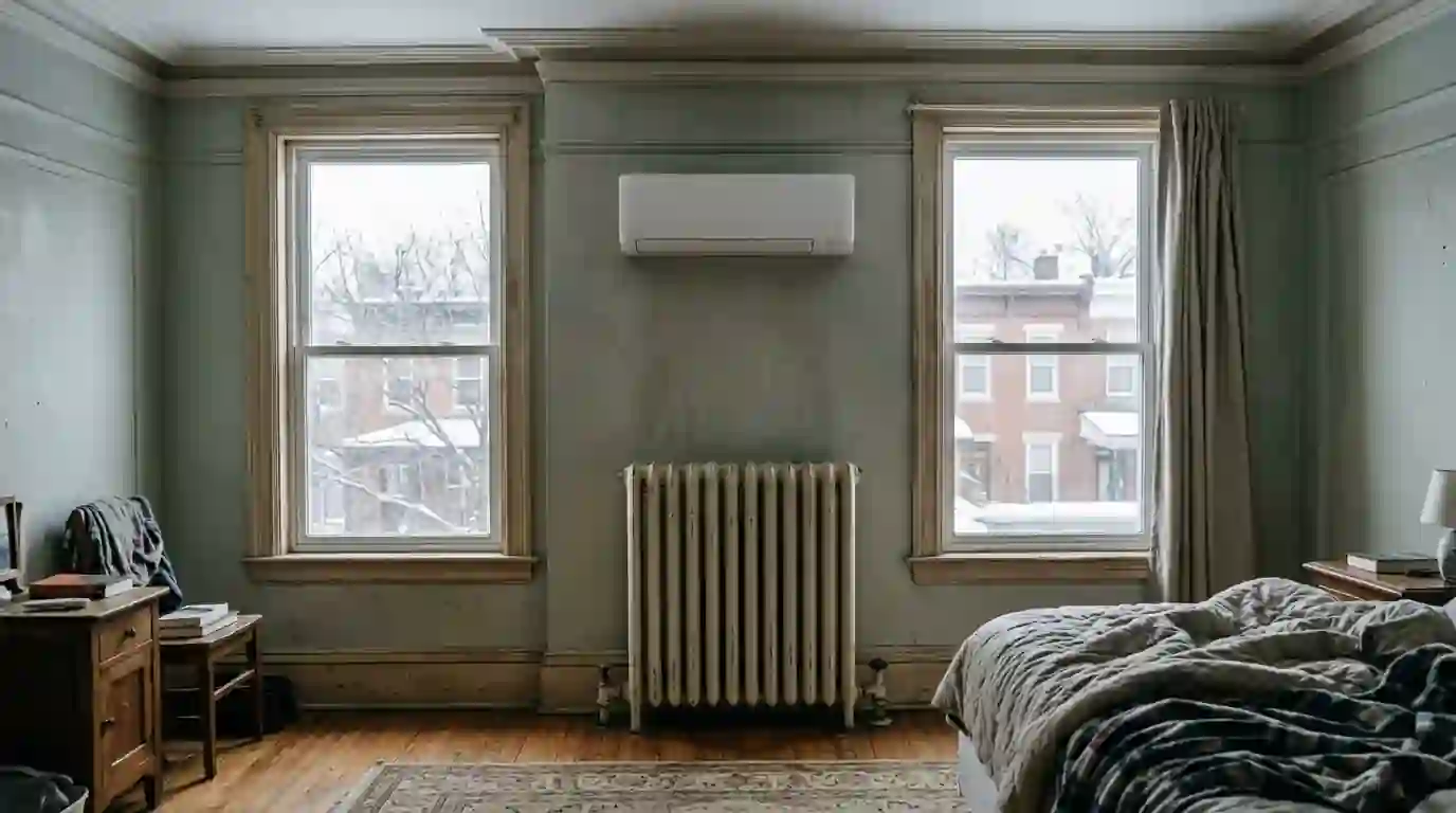 Ductless heat pump head above an old radiator in a winter bedroom