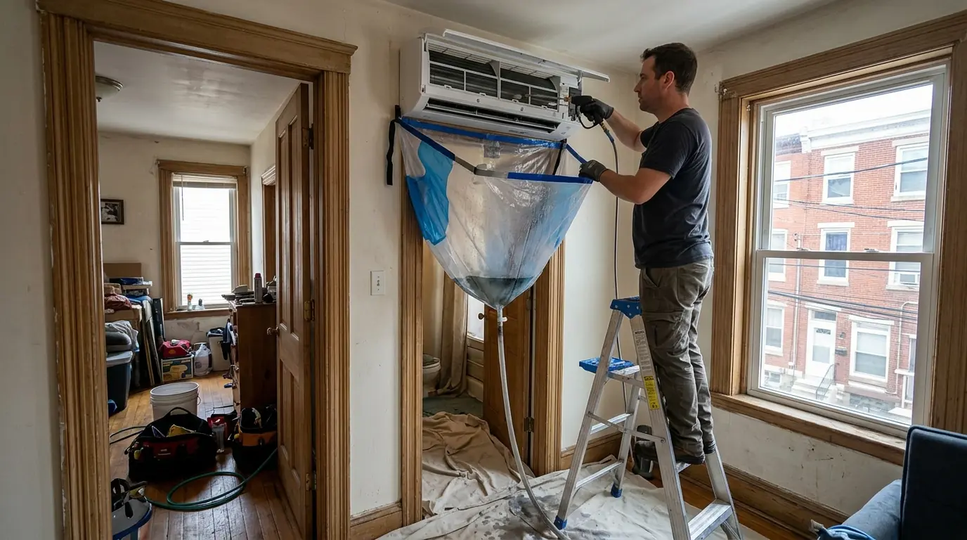 Technician cleaning a ductless unit in an East Passyunk apartment