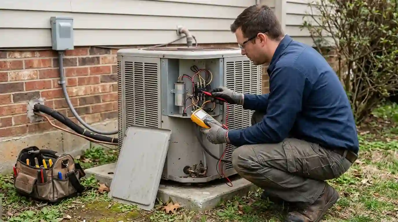Technician testing an AC condenser on a rowhome roof