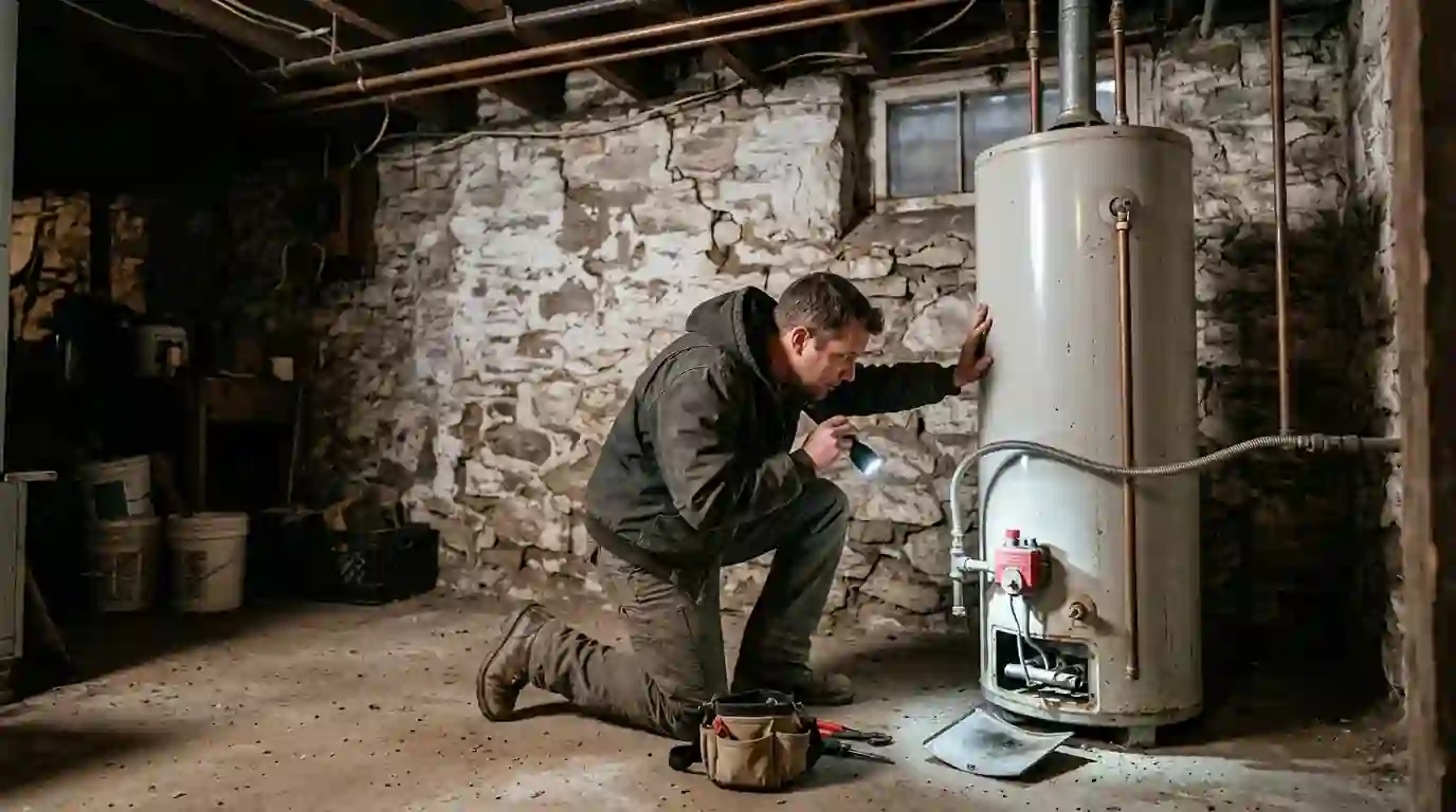 Technician inspecting a gas water heater in a Philadelphia basement