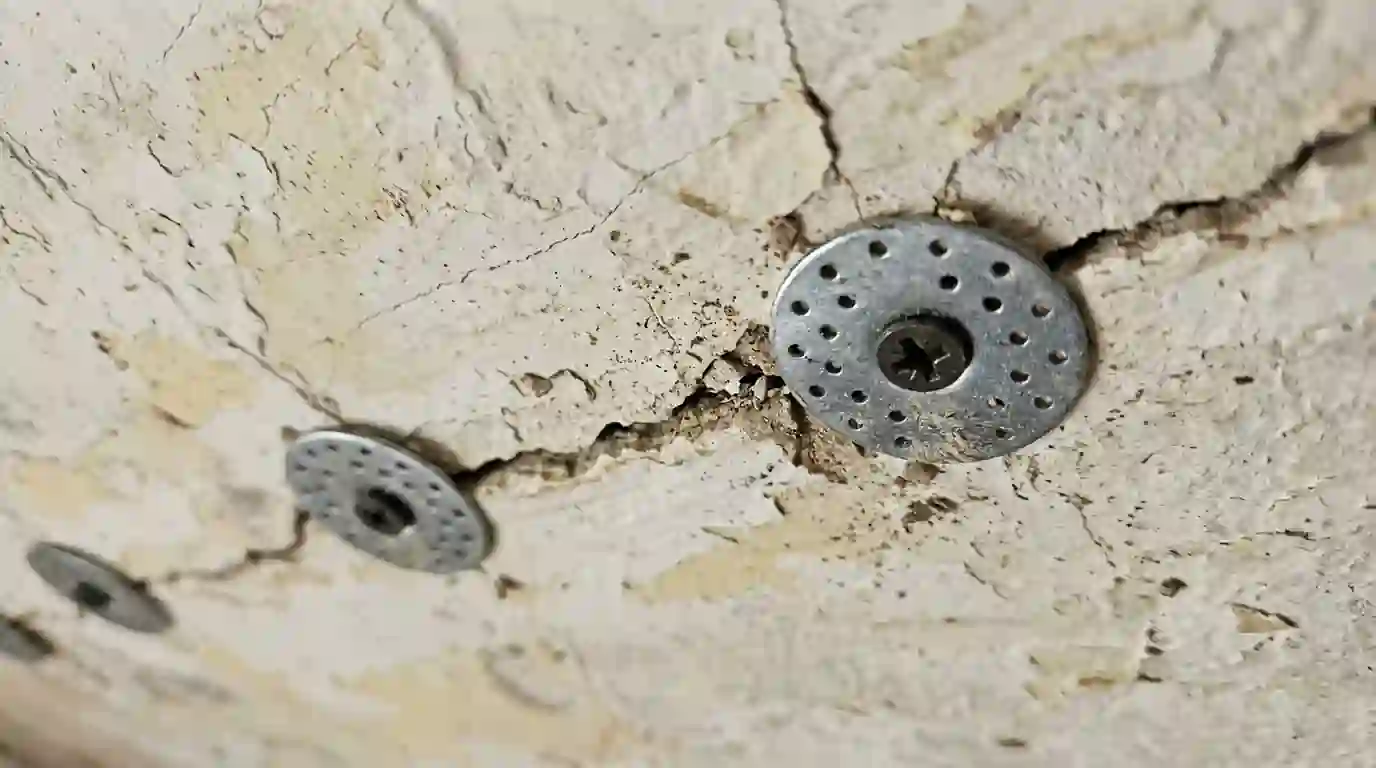 Plaster washers reattaching a loose ceiling section