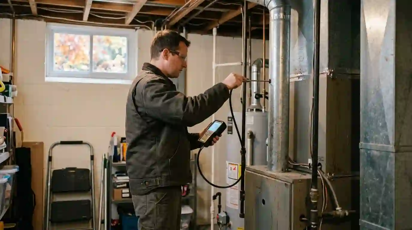 Technician measuring furnace combustion during a fall tune-up