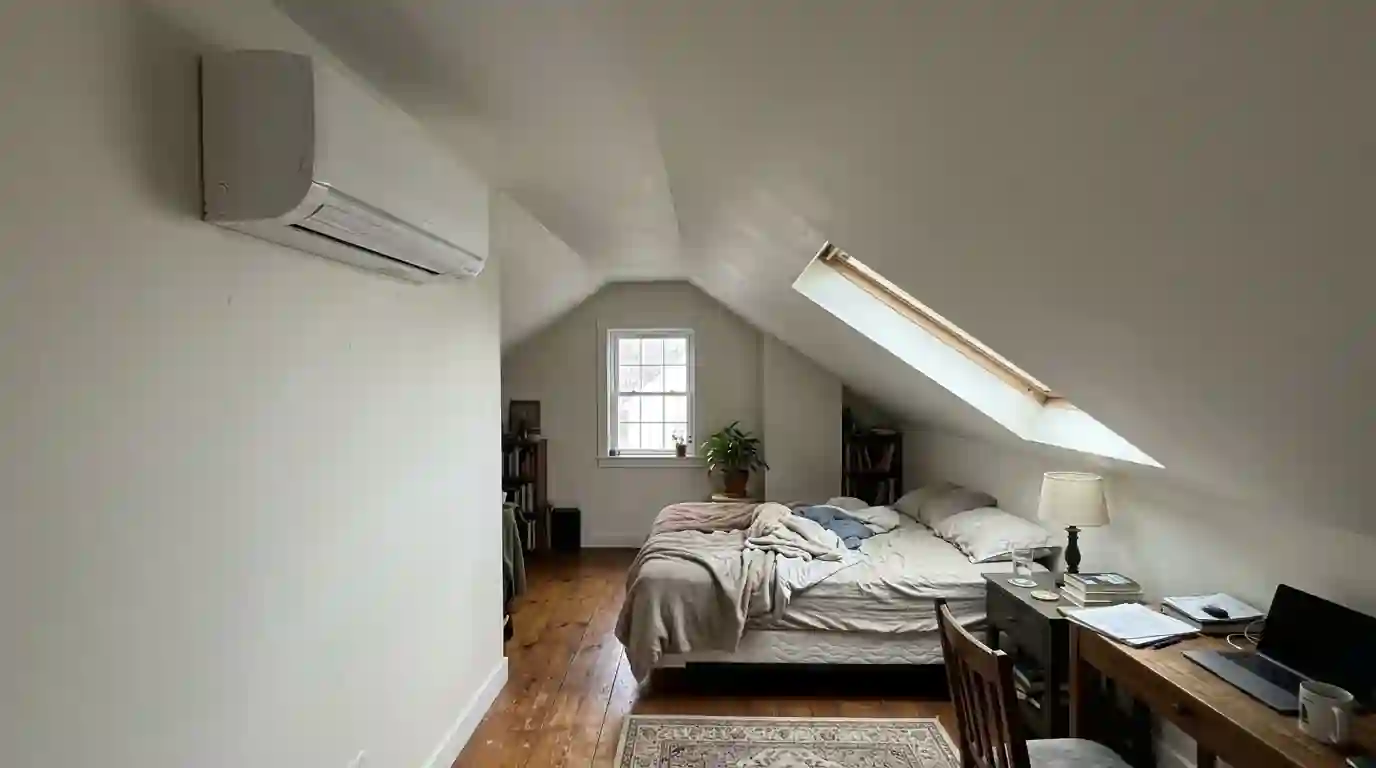 Mini-split head in a third-floor bedroom