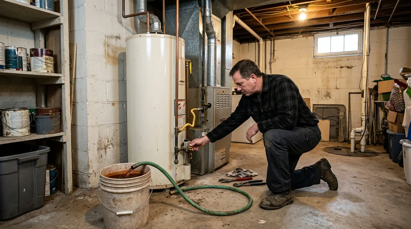 Technician flushing a tank water heater in a West Deptford basement