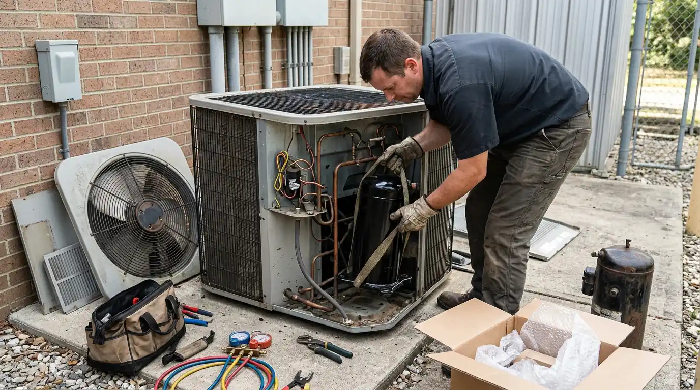 Technician installing a new AC compressor on a rowhome roof