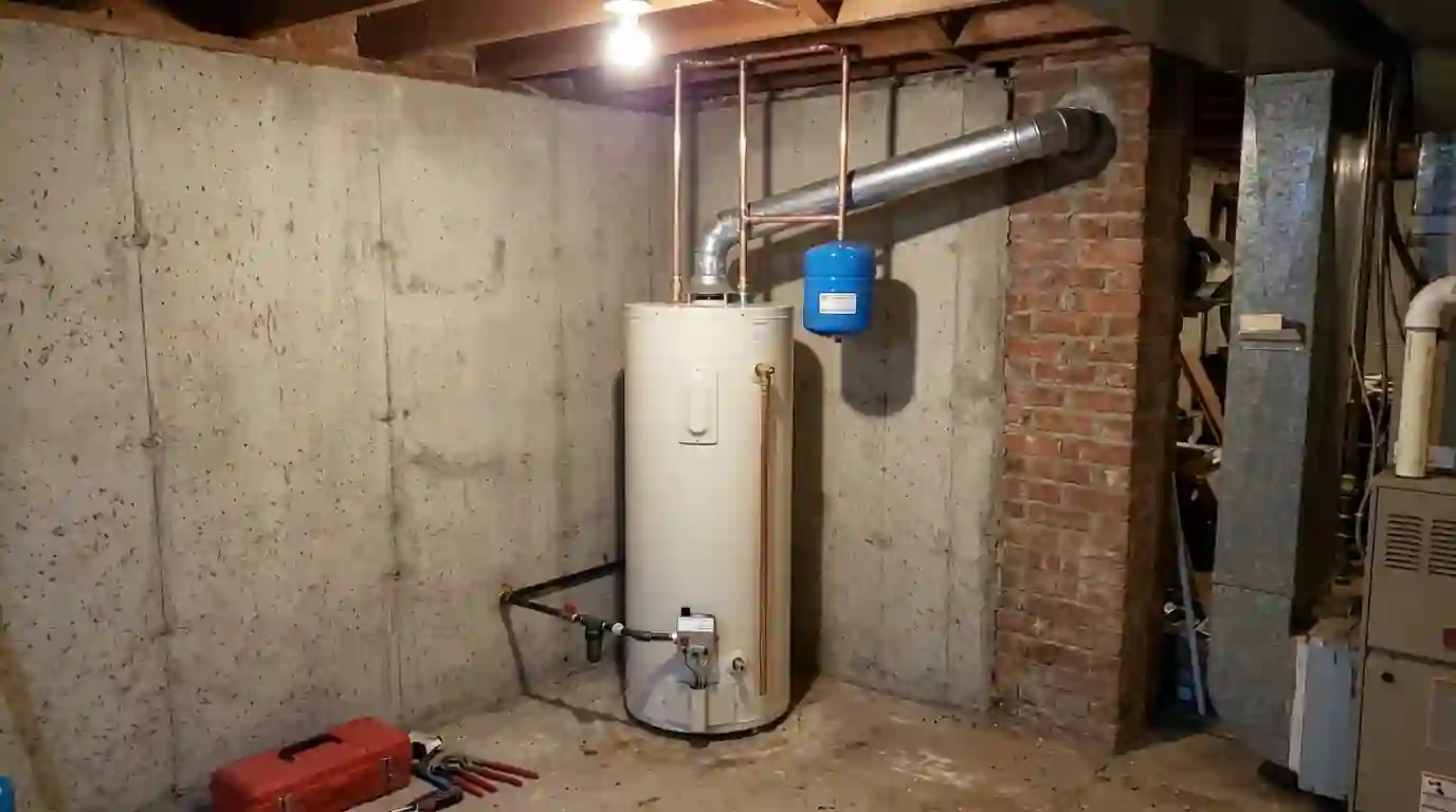 New water heater with expansion tank and relief line