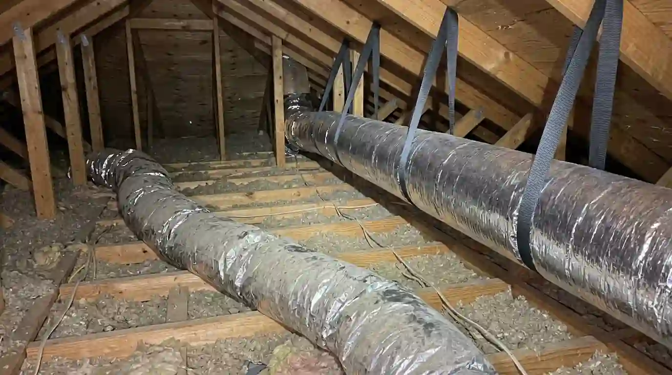 Crushed flex duct beside its straight replacement