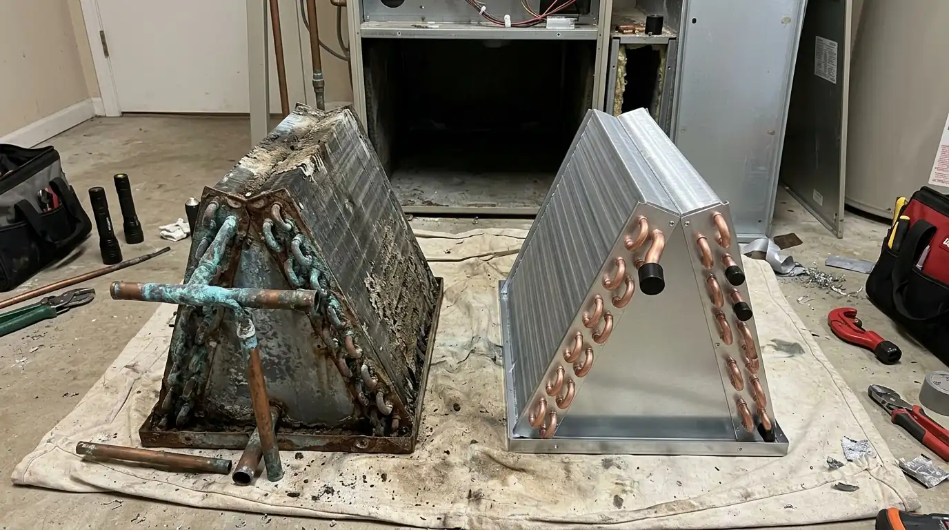 Leaking evaporator coil removed next to its replacement
