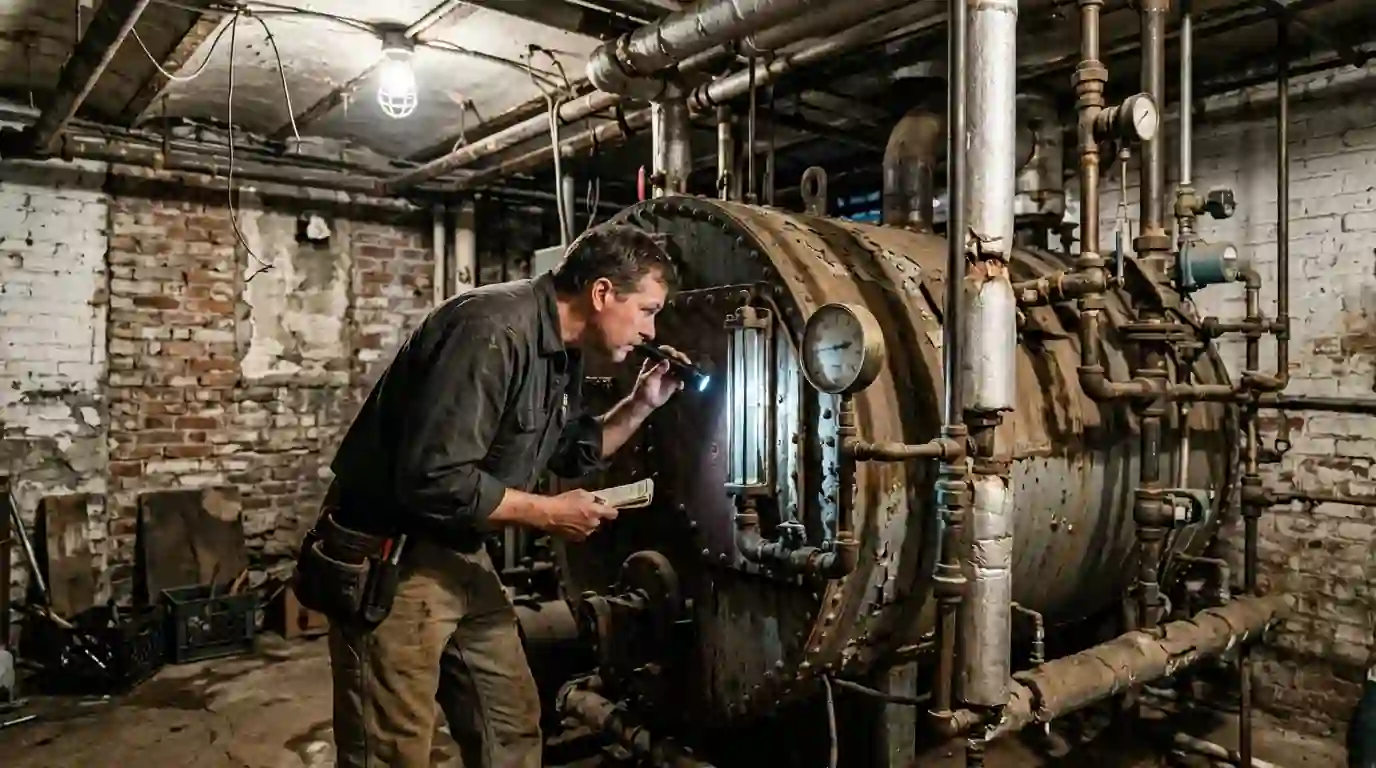 Technician checking a steam boiler in an apartment building basement