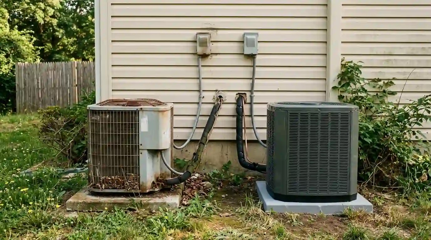 Older and newer AC condensers side by side behind a house