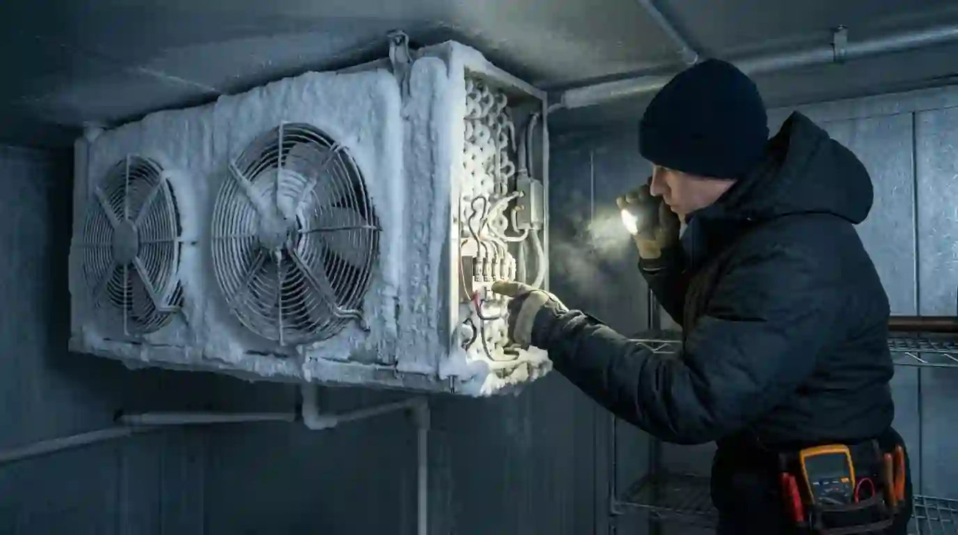 Iced evaporator coil in a walk-in freezer