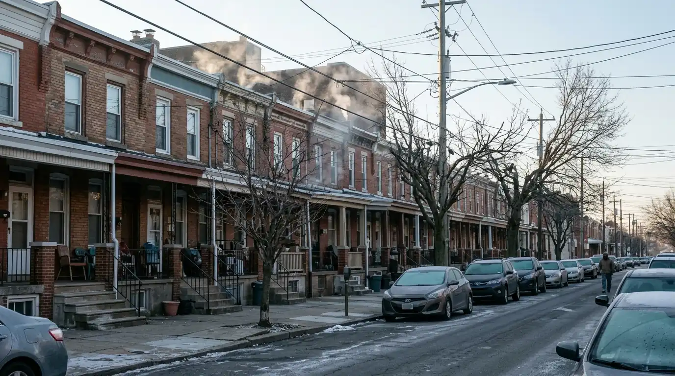 Porch-front rowhomes in Kingsessing on a winter morning