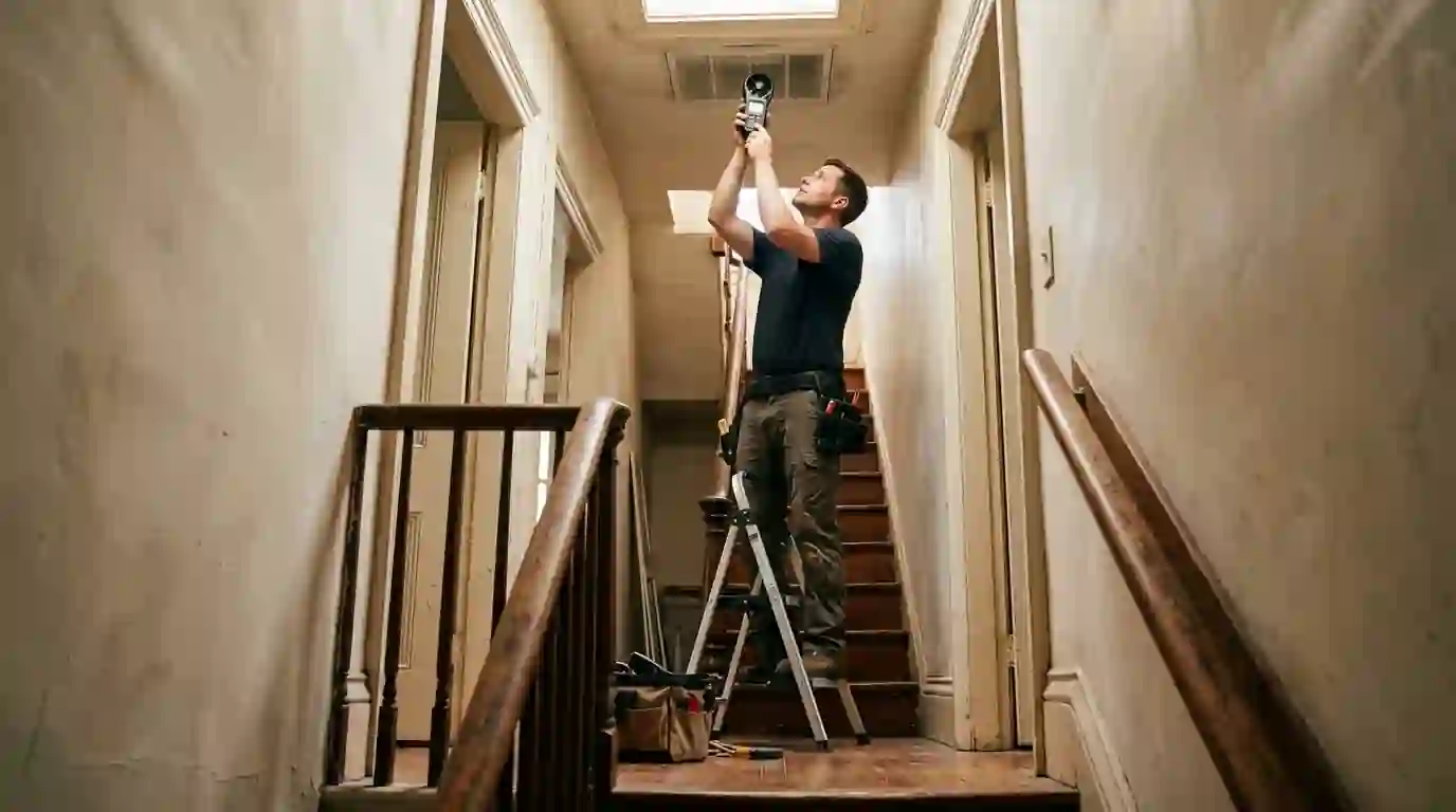 Technician measuring airflow at a third floor supply register