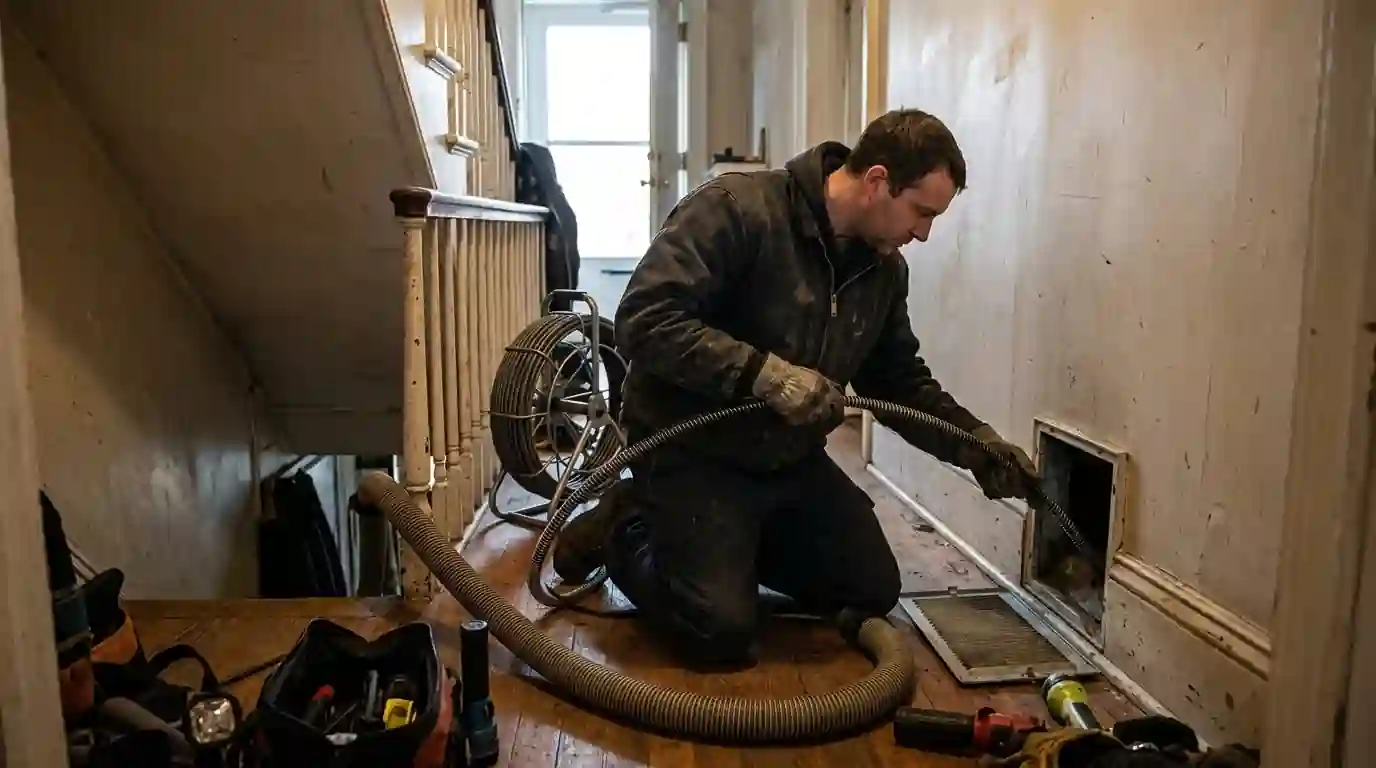 Rotary brush cleaning a supply duct in a rowhome