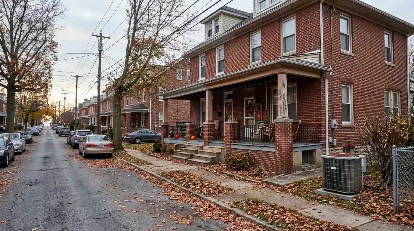Brick twin homes on a Delaware County street in autumn