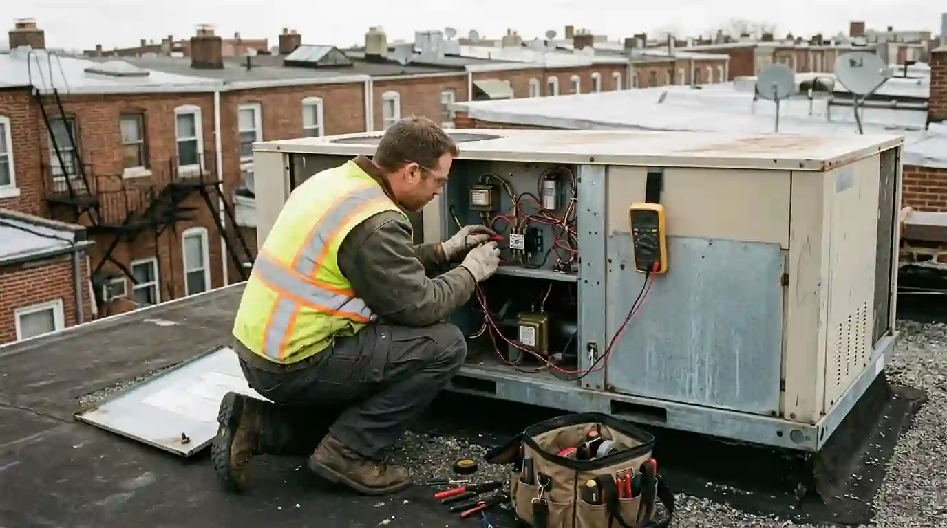 Technician testing a rooftop unit on a commercial roof