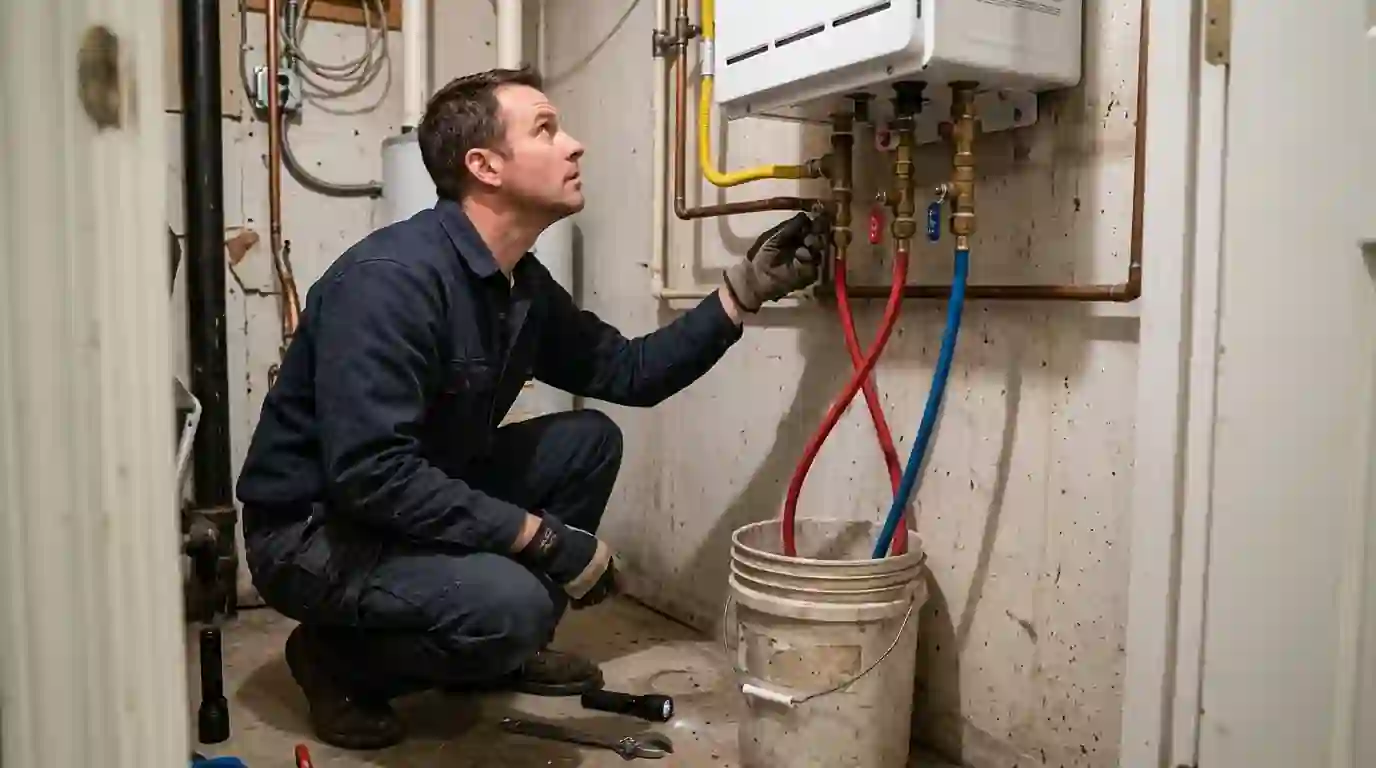 Service valves under a tankless water heater