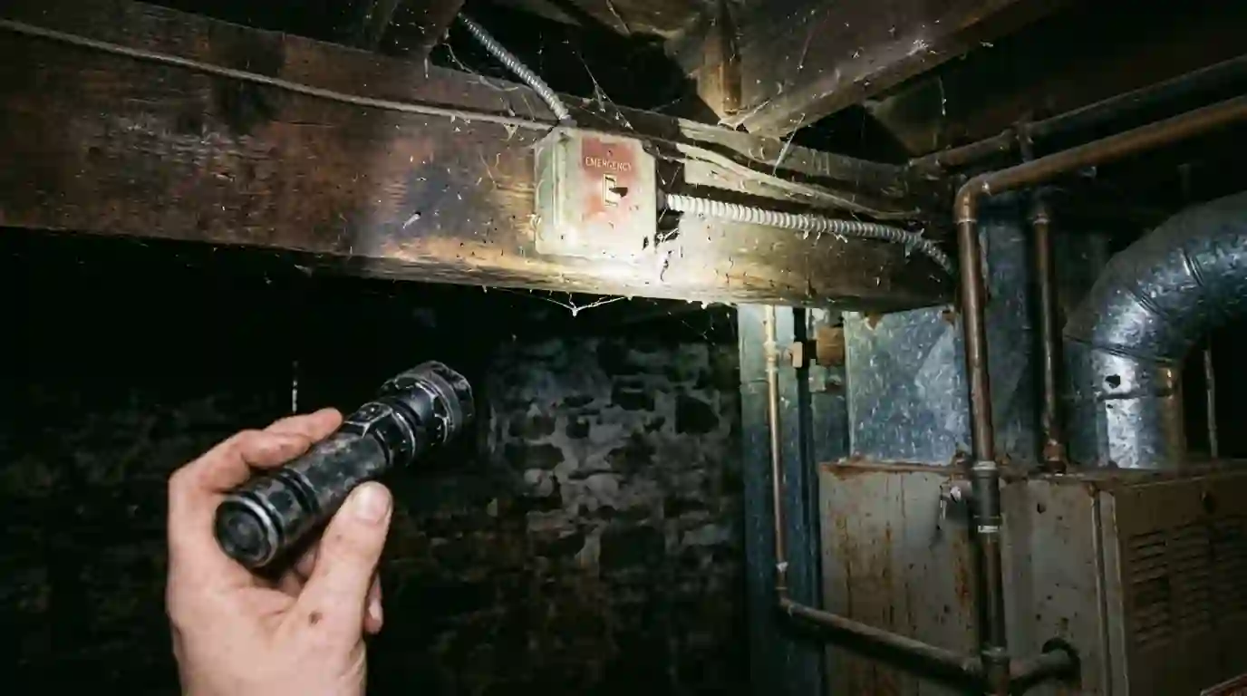 Furnace service switch on a basement joist