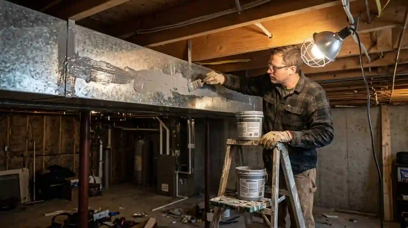 Sealing a basement supply trunk with mastic