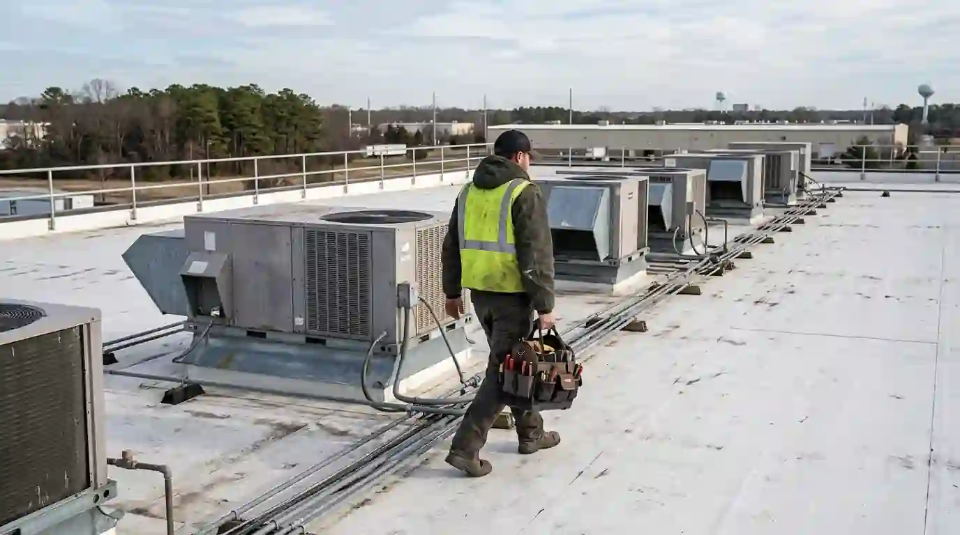 Rooftop package units on a South Jersey commercial roof