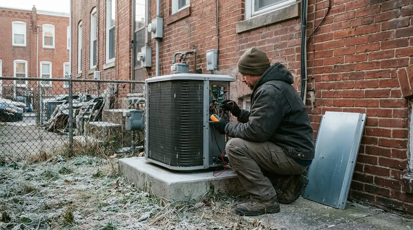 Technician checking a heat pump outside an Eastwick townhouse