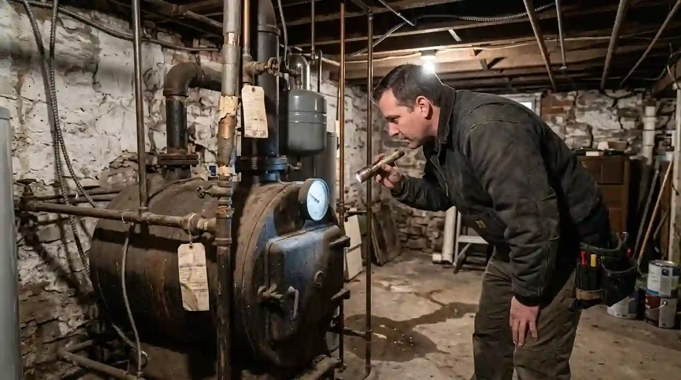 Technician checking boiler pressure