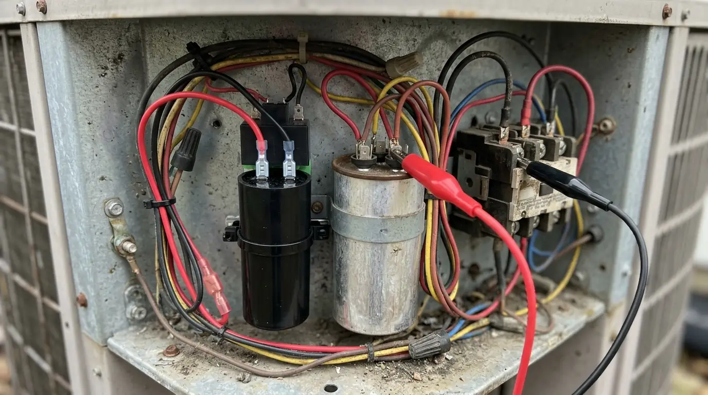 Hard-start kit wired into an AC condenser