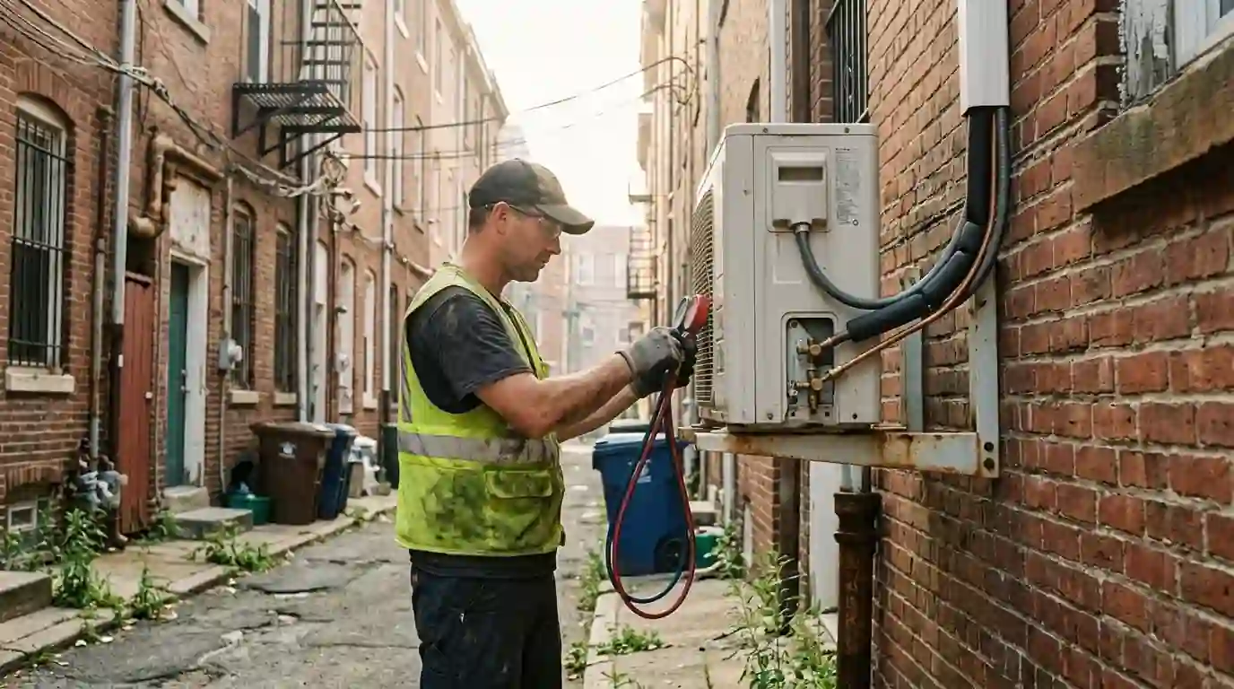 Technician servicing a mini-split outdoor unit