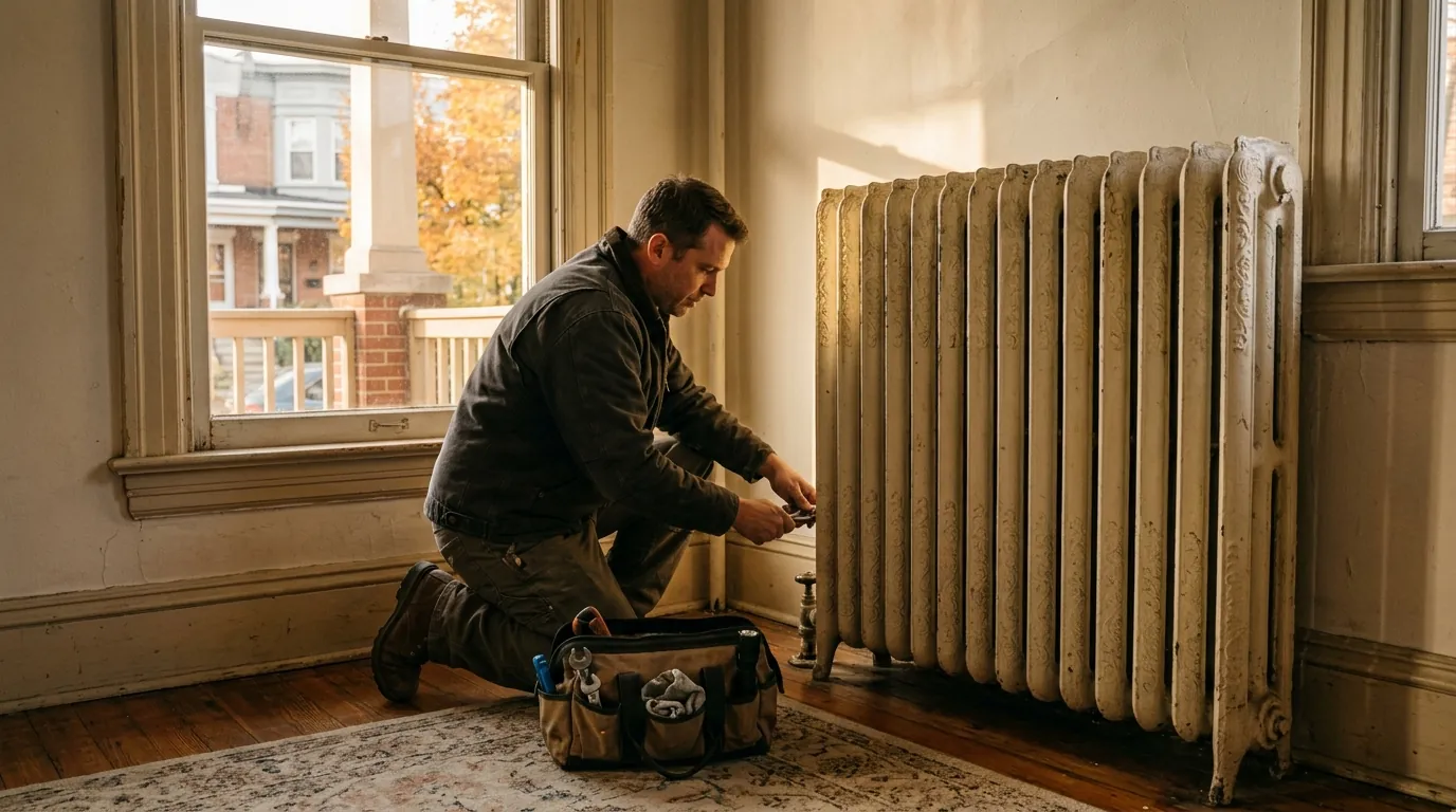 Technician adjusting a radiator valve in a Girard Estates home