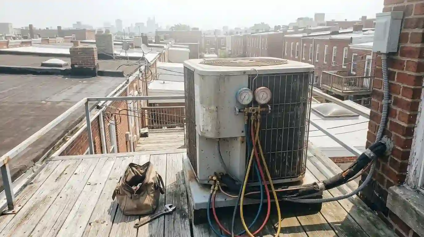Technician testing a rooftop AC condenser in summer heat