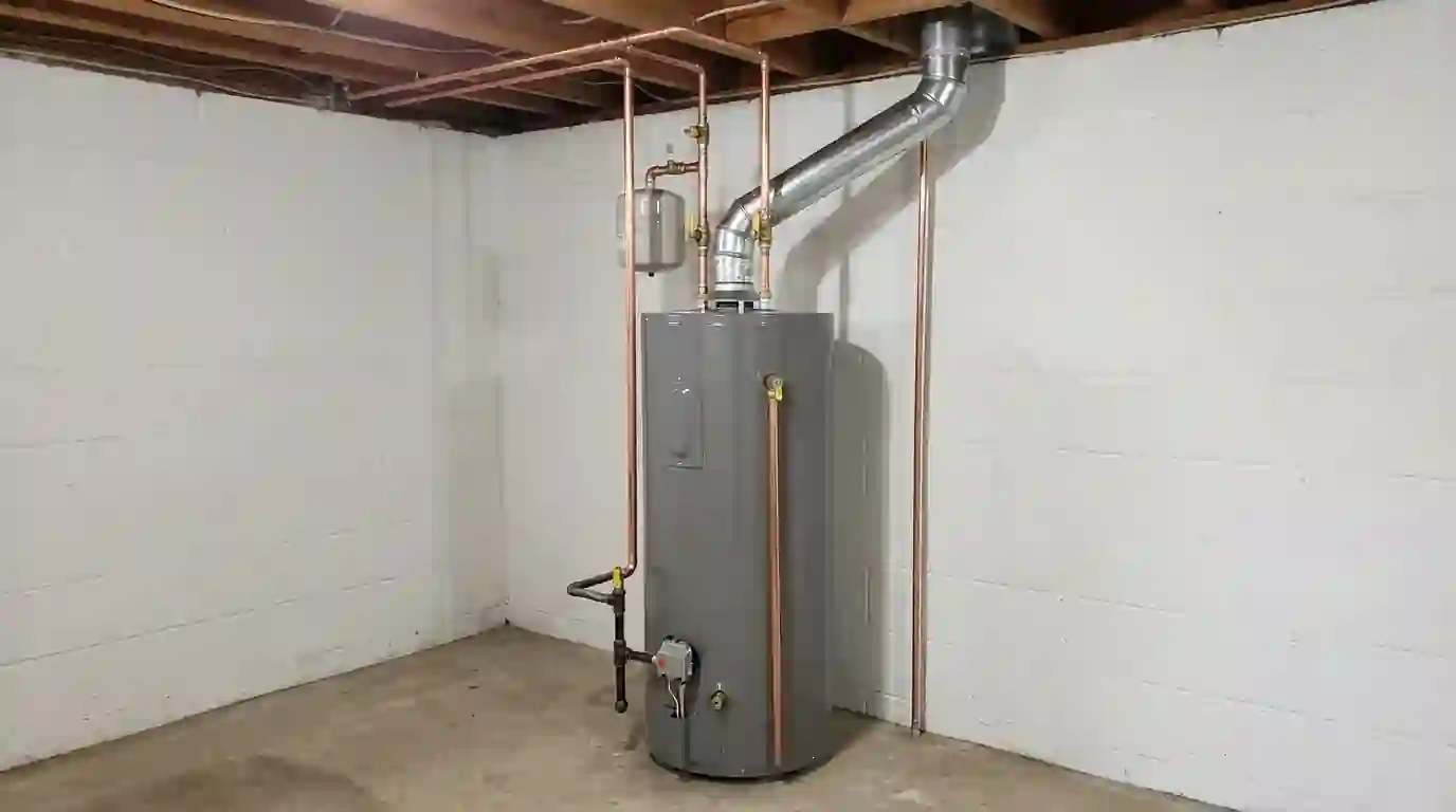 New gas water heater with copper piping in a basement