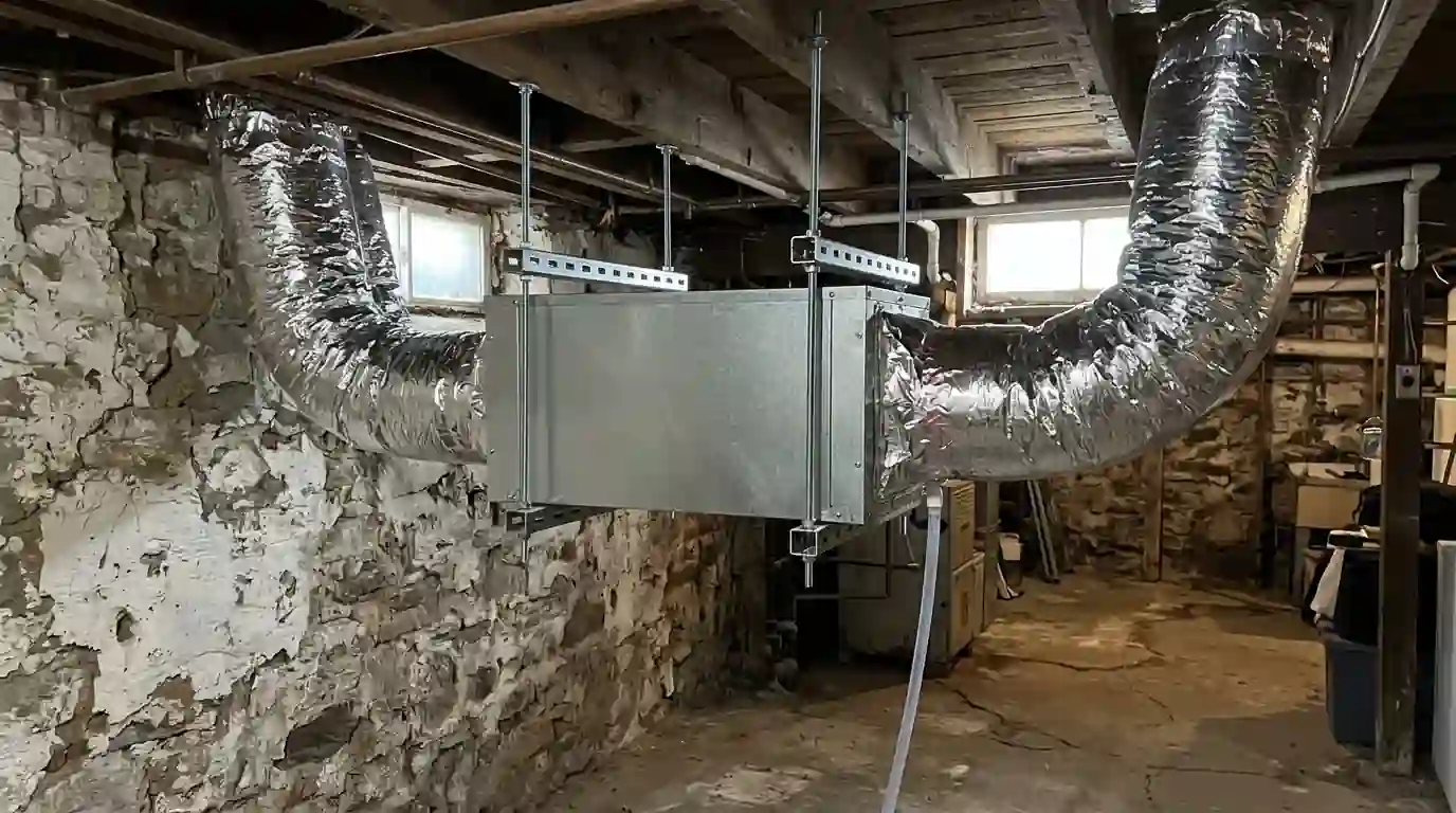 Whole-house dehumidifier installed in a basement
