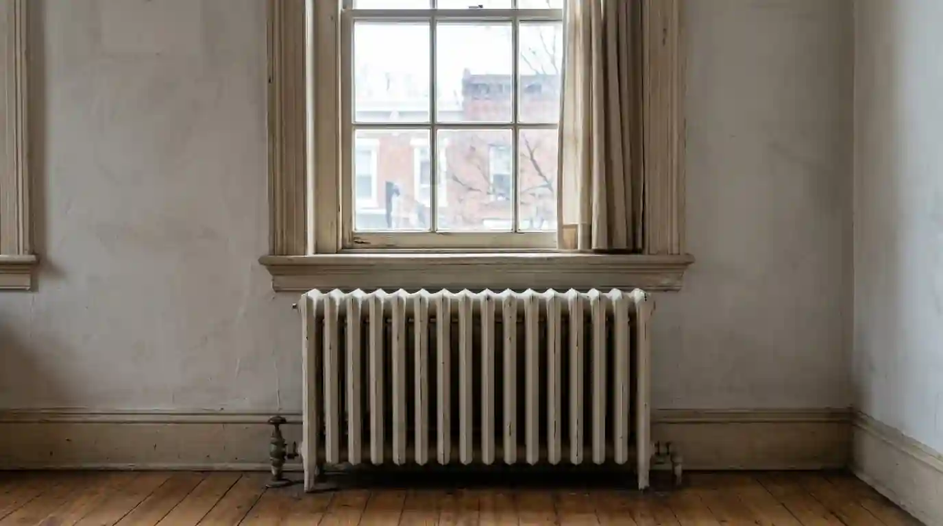 Painted cast iron radiator under a window in a Philadelphia rowhome