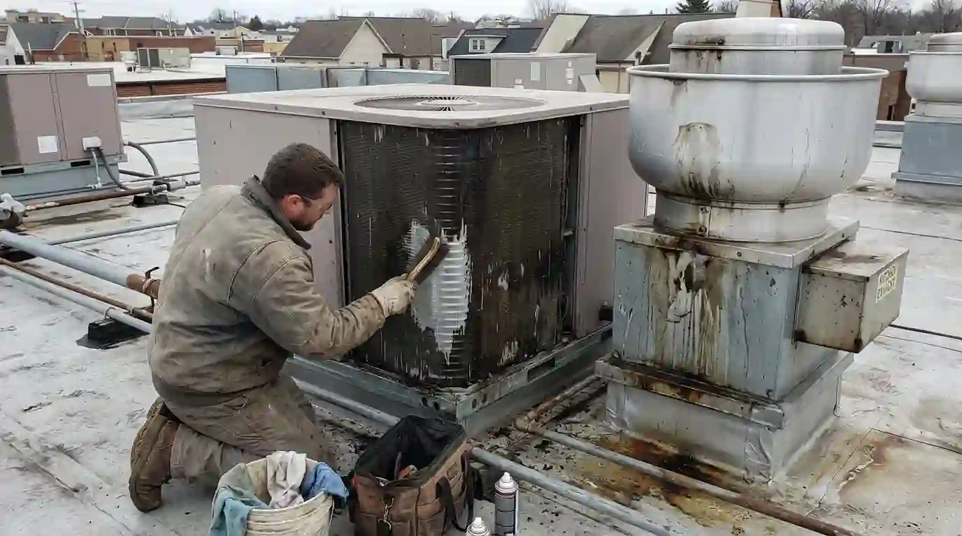 Cleaning grease from a restaurant rooftop unit coil