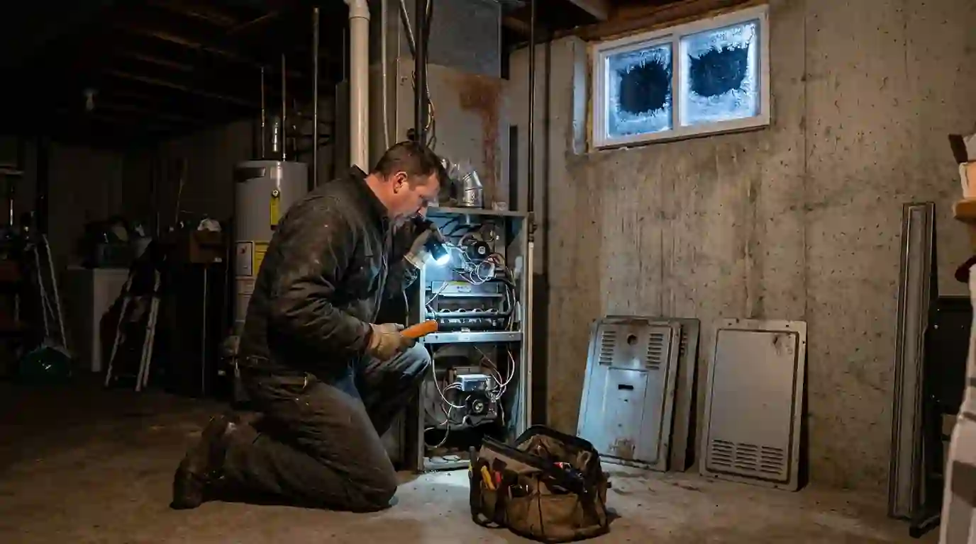 Technician checking a furnace at night in a Philadelphia basement
