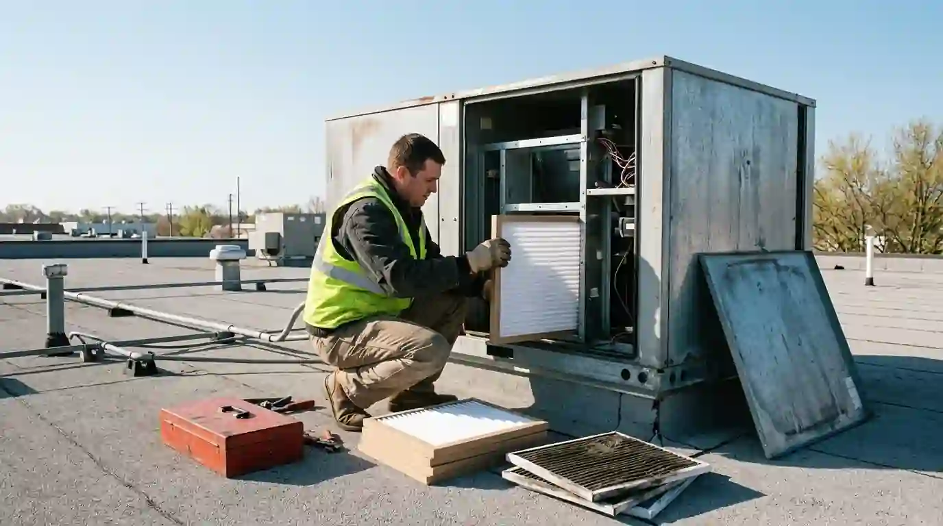 Technician changing filters in a rooftop unit