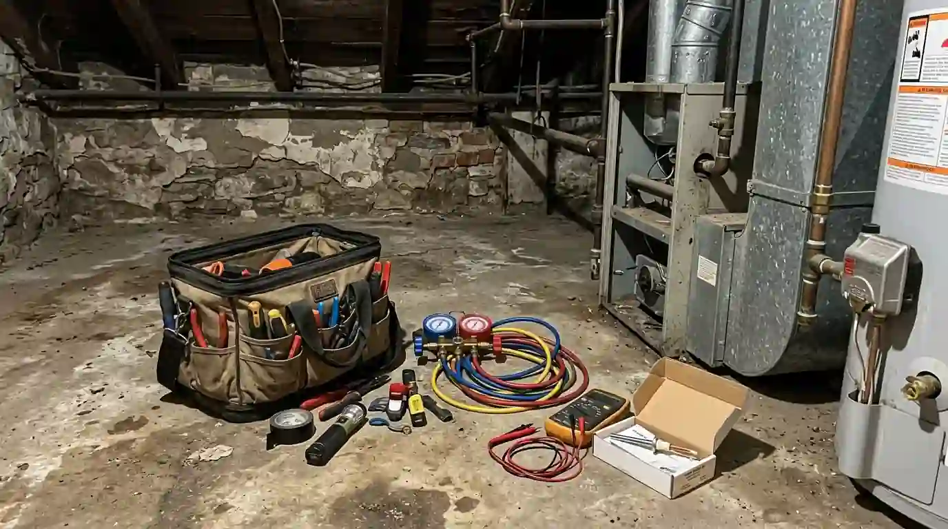 Tools laid out beside a furnace and water heater