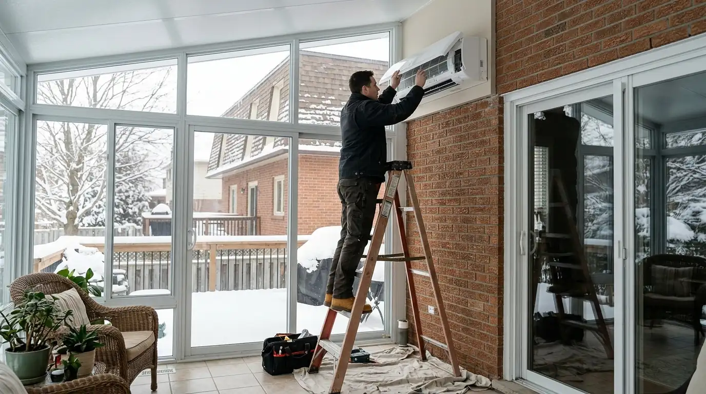 Technician servicing a ductless unit in a Cherry Hill sunroom addition