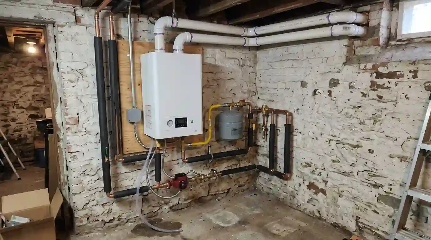 New condensing boiler installed in a Philadelphia basement