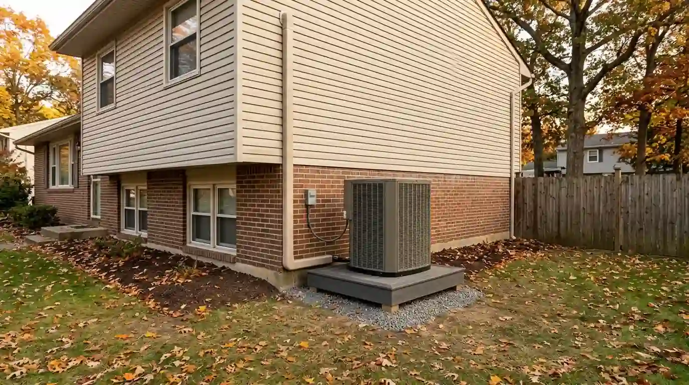 New heat pump outdoor unit beside a home