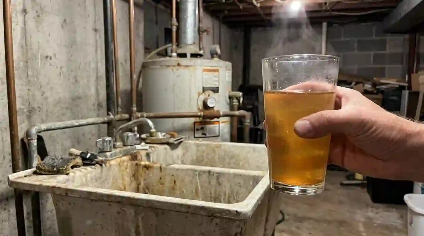 Glass of rust-colored hot water drawn near the water heater