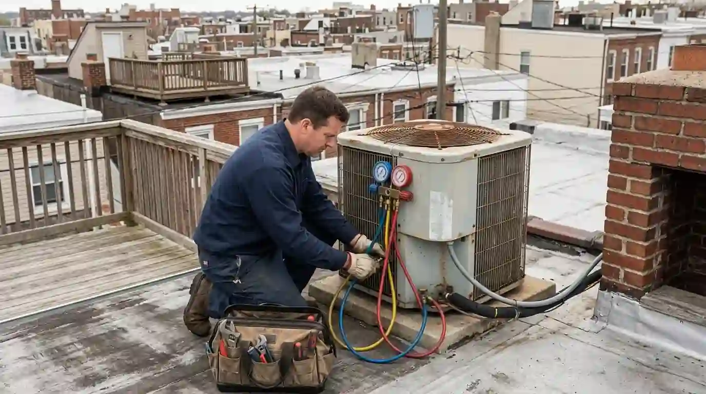 Technician checking refrigerant pressures on an older condenser