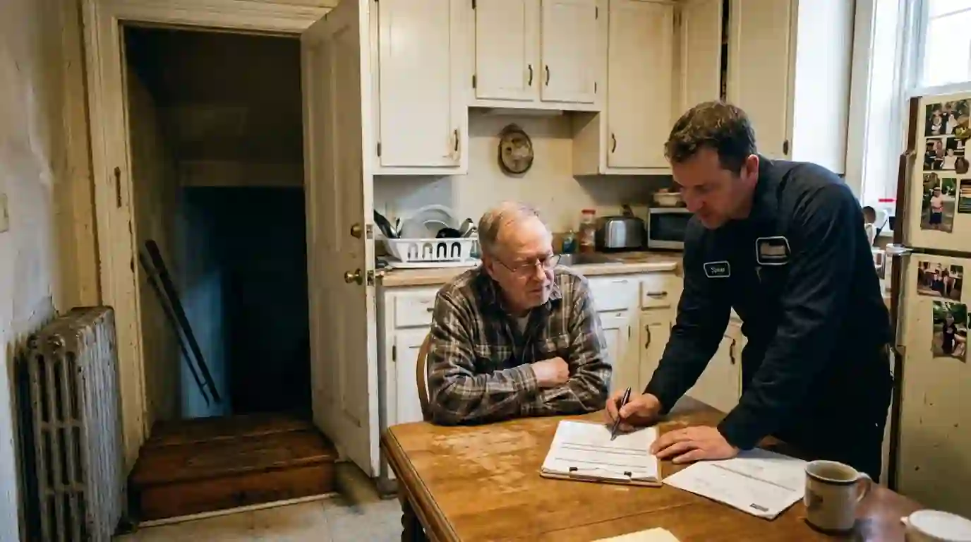 Homeowner going over an HVAC proposal with a technician