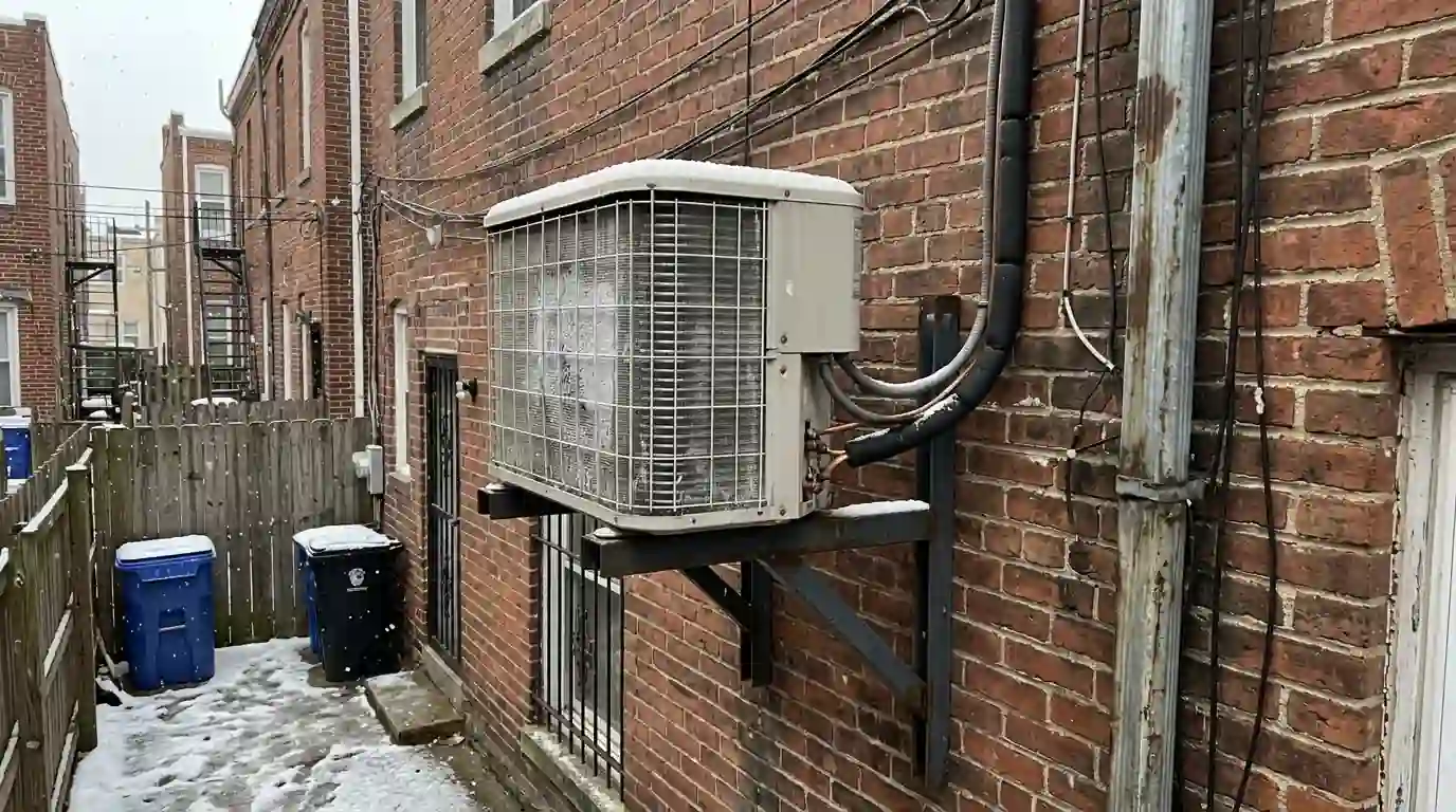 Heat pump outdoor unit on a wall bracket behind a rowhome in snow