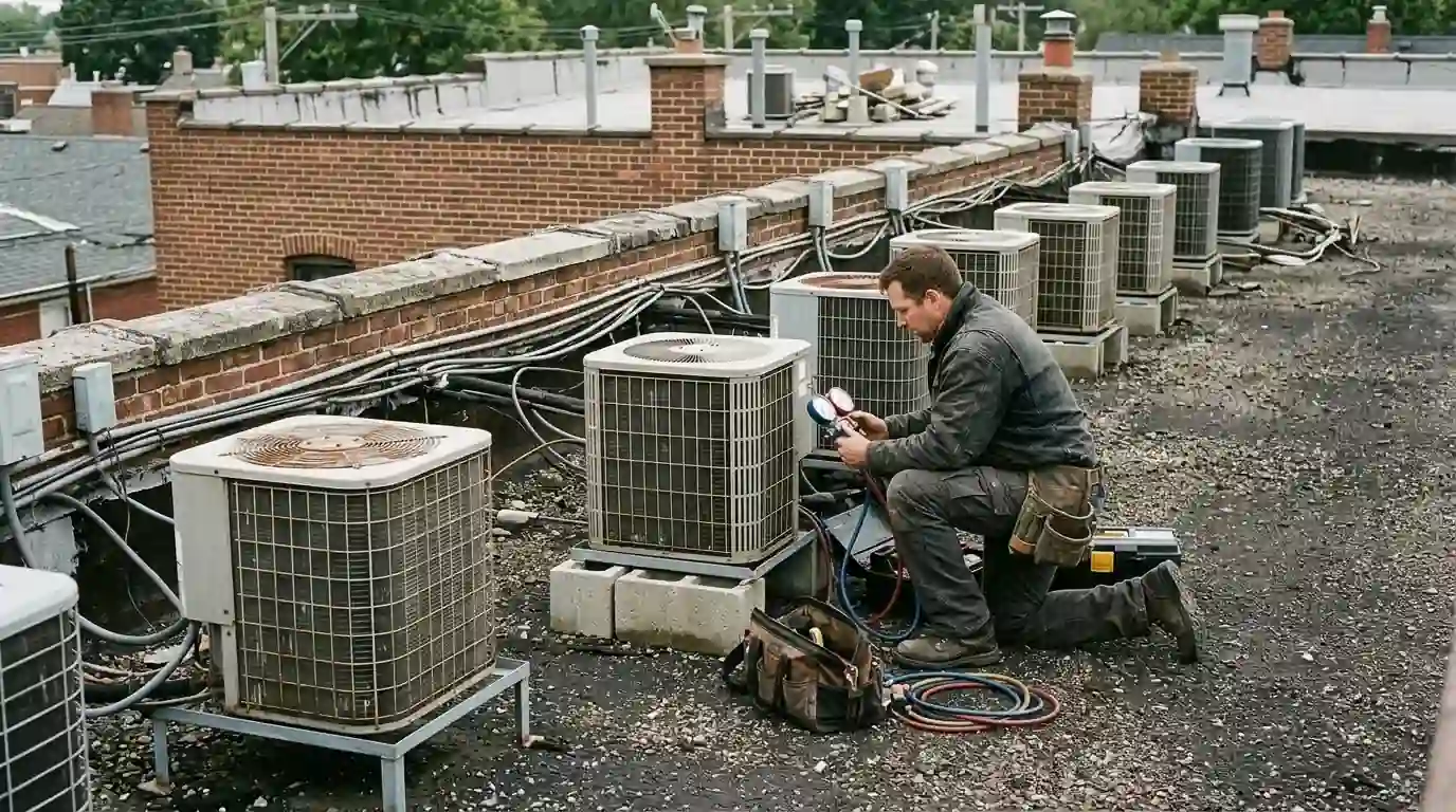Technician checking condensing units on an apartment building roof